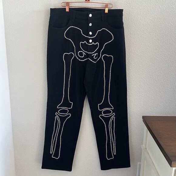 Salem7 Skeleton Black Denim Jeans Black Stretch Rhinestone Exposed Fly 34 - Picture 1 of 10